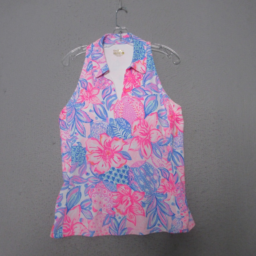 Lilly Pulitzer Luxletic Top L LAKELYN BRA POLO Snappy Turtle Pink Blue Padded